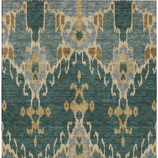 Green Gray And Gold Ikat Washable Indoor Outdoor Area Rug Photo 6