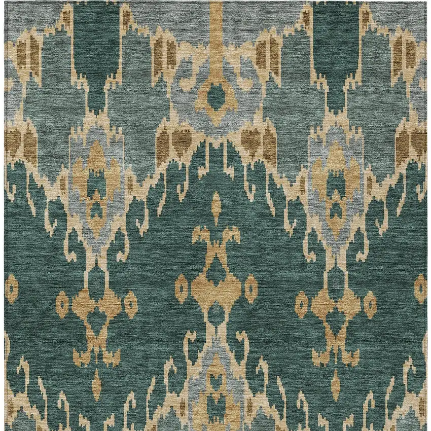 Green Gray And Gold Ikat Washable Indoor Outdoor Area Rug Photo 6