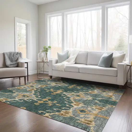 Green Gray And Gold Ikat Washable Indoor Outdoor Area Rug Photo 9
