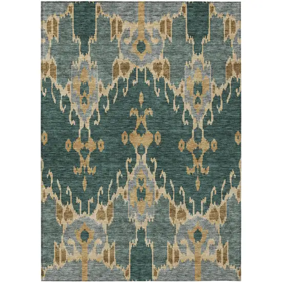 Green Gray And Gold Ikat Washable Indoor Outdoor Area Rug Photo 1