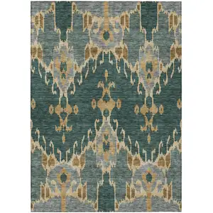 Photo of Green Gray And Gold Ikat Washable Indoor Outdoor Area Rug