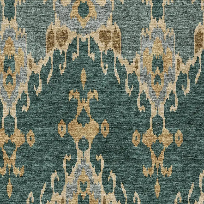 Green Gray And Gold Ikat Washable Indoor Outdoor Area Rug Photo 5