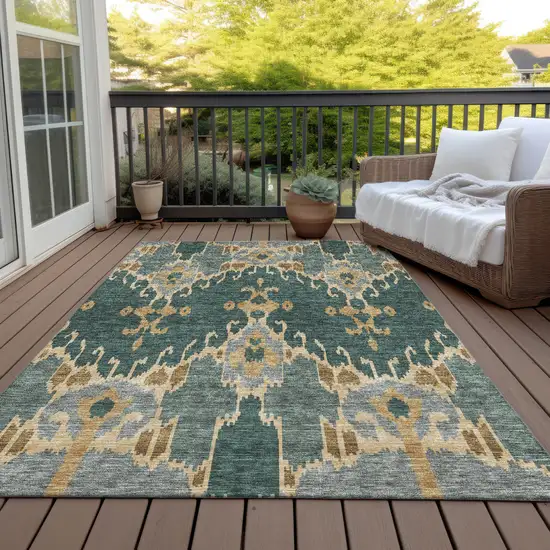 Green Gray And Gold Ikat Washable Indoor Outdoor Area Rug Photo 7