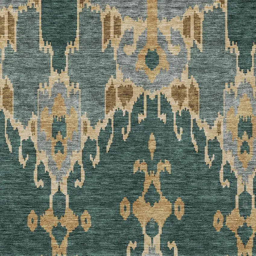 Green Gray And Gold Ikat Washable Indoor Outdoor Area Rug Photo 5