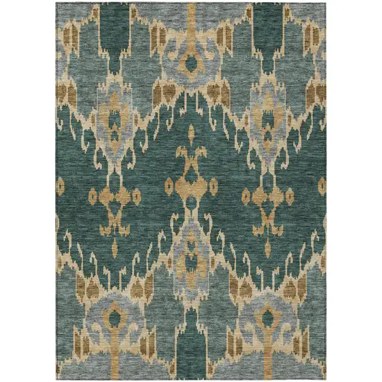 Green Gray And Gold Ikat Washable Indoor Outdoor Area Rug Photo 1
