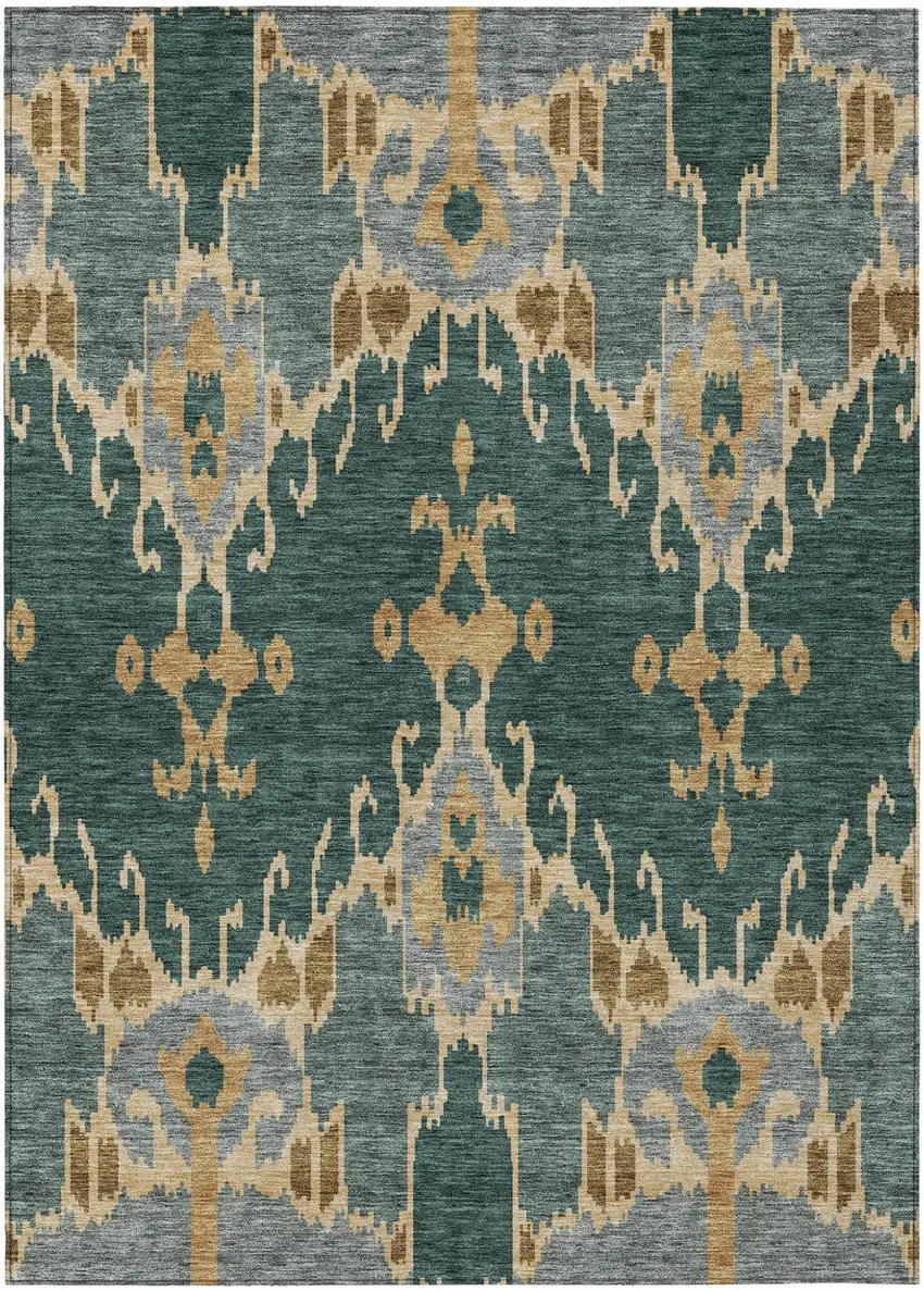 Green Gray And Gold Ikat Washable Indoor Outdoor Area Rug Photo 1