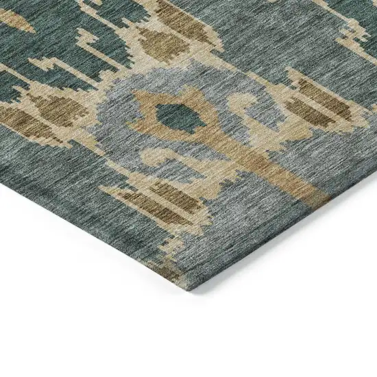 Green Gray And Gold Ikat Washable Indoor Outdoor Area Rug Photo 3