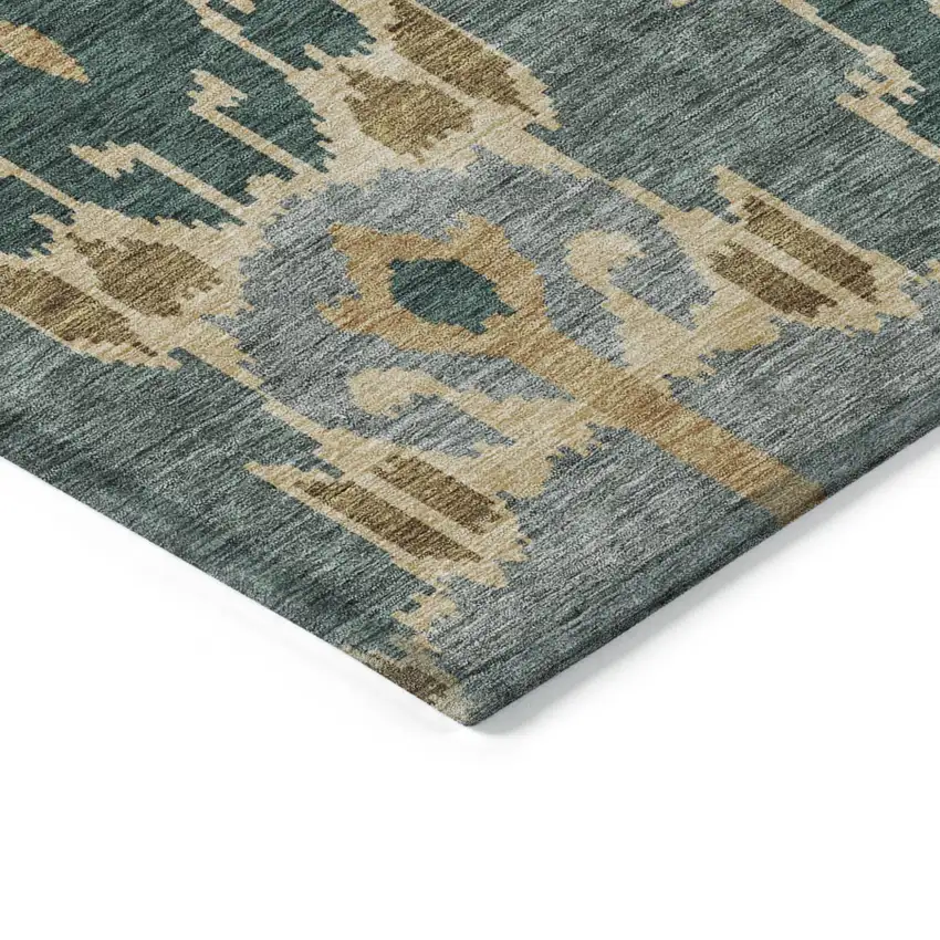 Green Gray And Gold Ikat Washable Indoor Outdoor Area Rug Photo 3