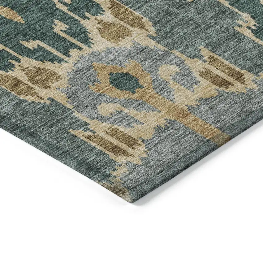 Green Gray And Gold Ikat Washable Indoor Outdoor Area Rug Photo 3
