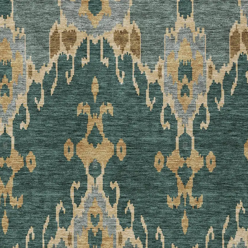 Green Gray And Gold Ikat Washable Indoor Outdoor Area Rug Photo 5