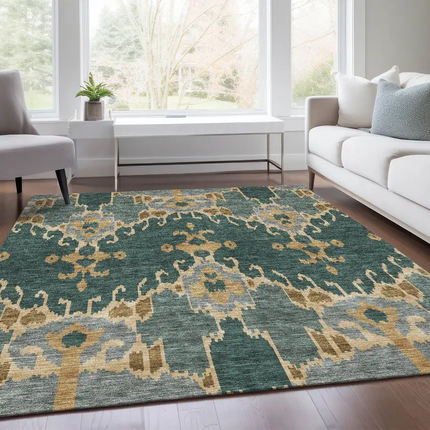 Green Gray And Gold Ikat Washable Indoor Outdoor Area Rug Photo 8