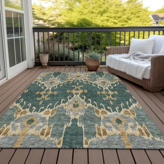 Green Gray And Gold Ikat Washable Indoor Outdoor Area Rug Photo 7