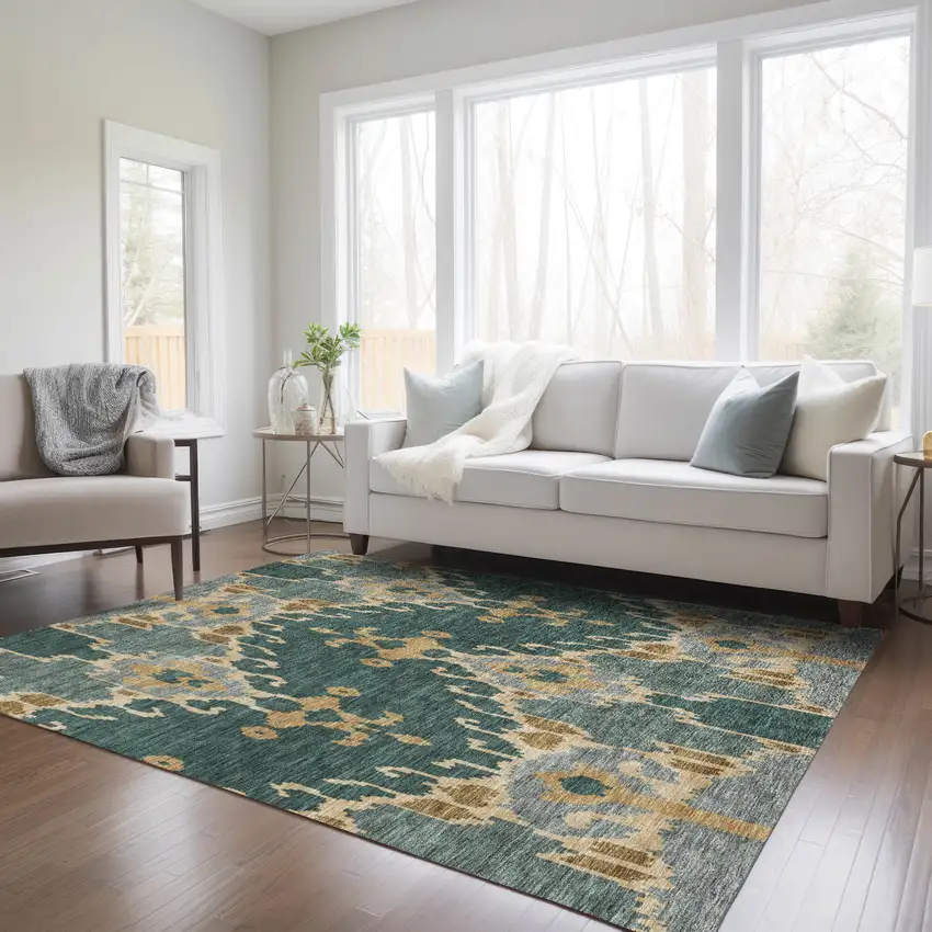 Green Gray And Gold Ikat Washable Indoor Outdoor Area Rug Photo 9