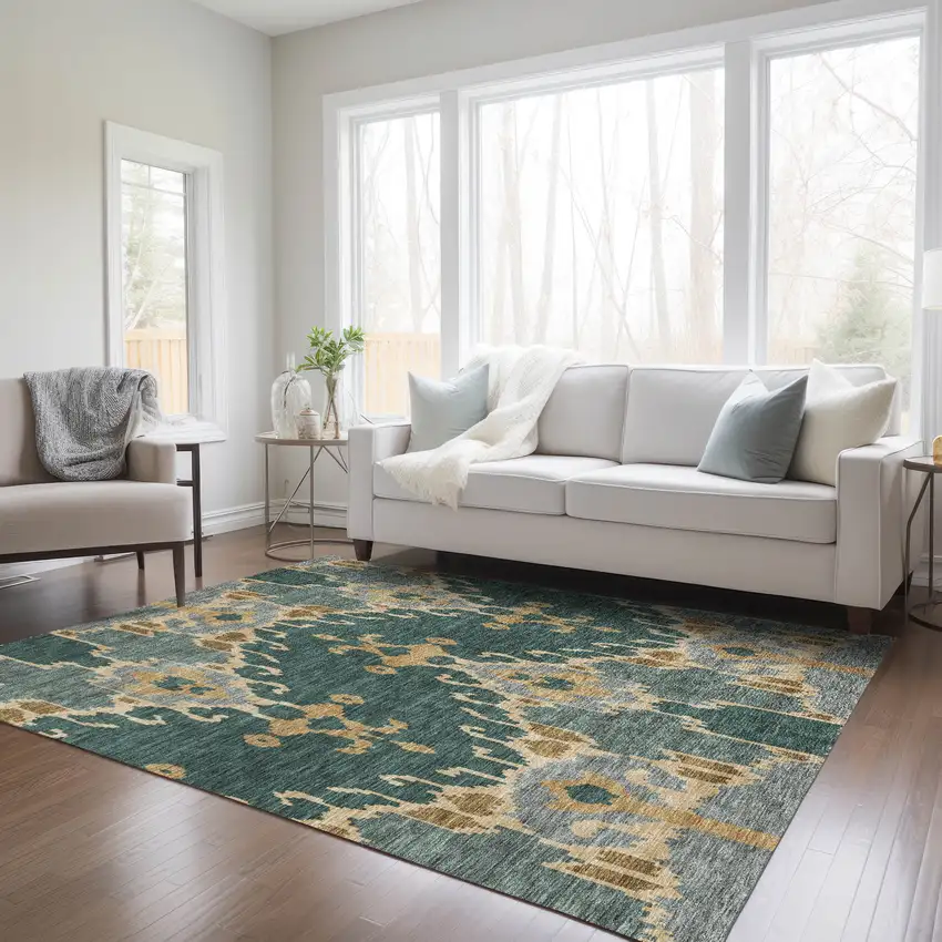 Green Gray And Gold Ikat Washable Indoor Outdoor Area Rug Photo 9