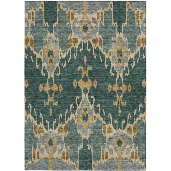 Green Gray And Gold Ikat Washable Indoor Outdoor Area Rug Photo 6