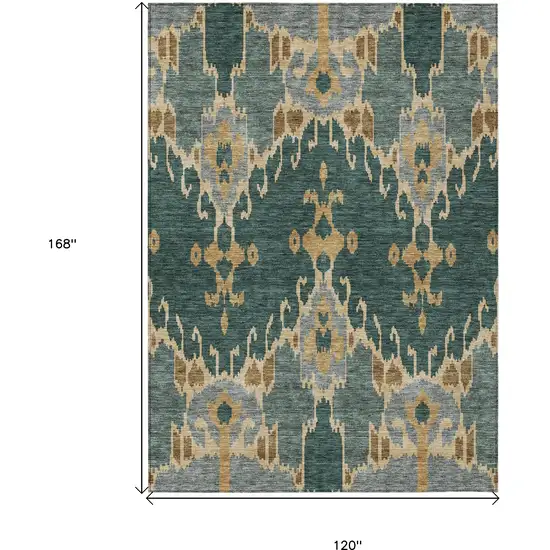Green Gray And Gold Ikat Washable Indoor Outdoor Area Rug Photo 3