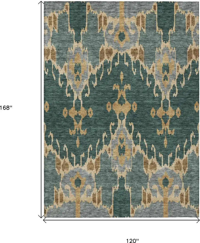 Green Gray And Gold Ikat Washable Indoor Outdoor Area Rug Photo 3