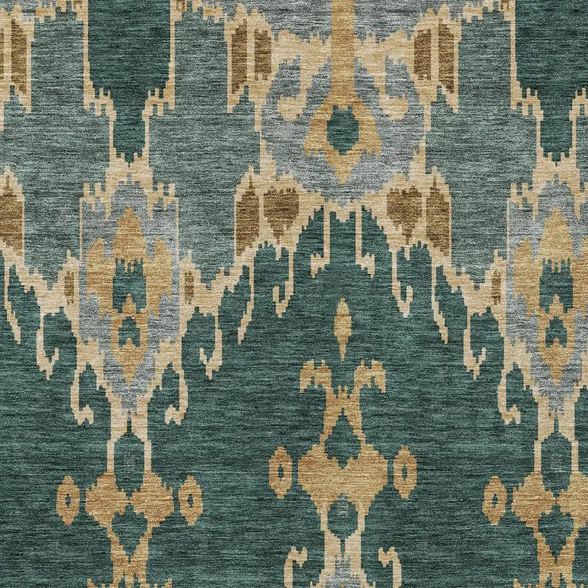 Green Gray And Gold Ikat Washable Indoor Outdoor Area Rug Photo 5