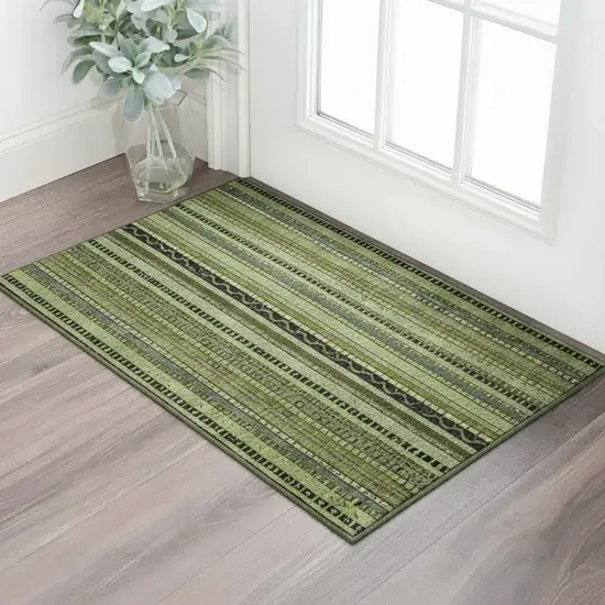 Green Gray And Gold Striped Washable Area Rug With UV Protection Photo 2