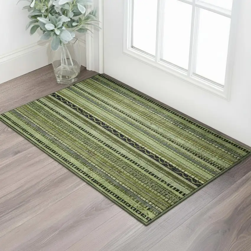 Green Gray And Gold Striped Washable Area Rug With UV Protection Photo 2