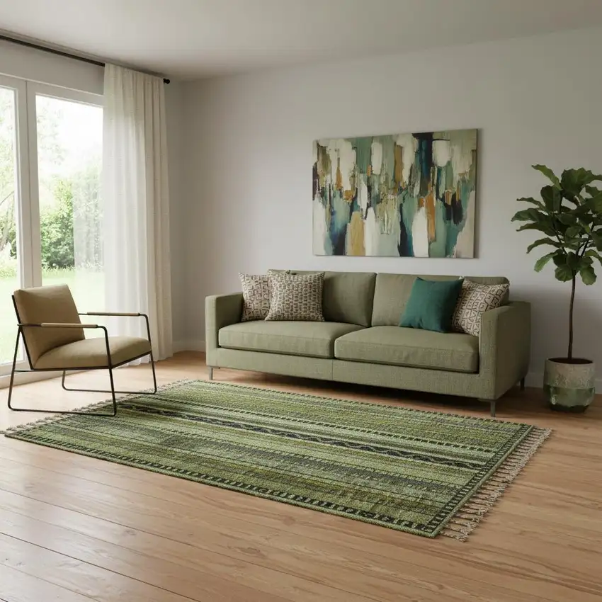 Green Gray And Gold Striped Washable Area Rug With UV Protection Photo 2