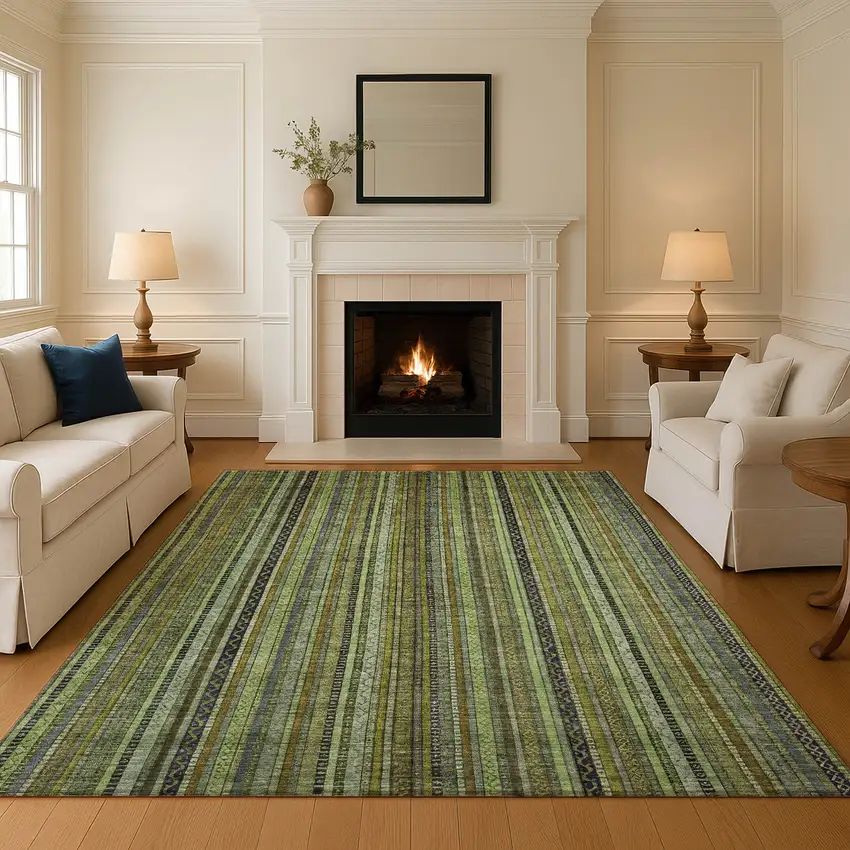 Green Gray And Gold Striped Washable Area Rug With UV Protection Photo 4