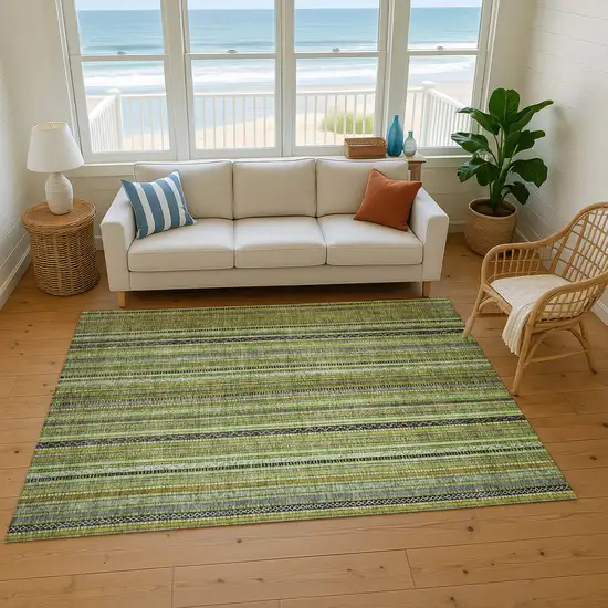 Green Gray And Gold Striped Washable Area Rug With UV Protection Photo 5
