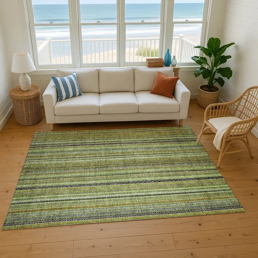Green Gray And Gold Striped Washable Area Rug With UV Protection Photo 5