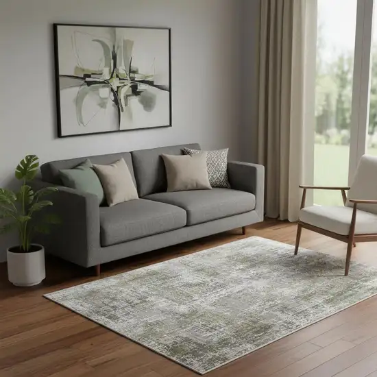 Green Gray And Ivory Abstract Area Rug With Fringe Photo 1