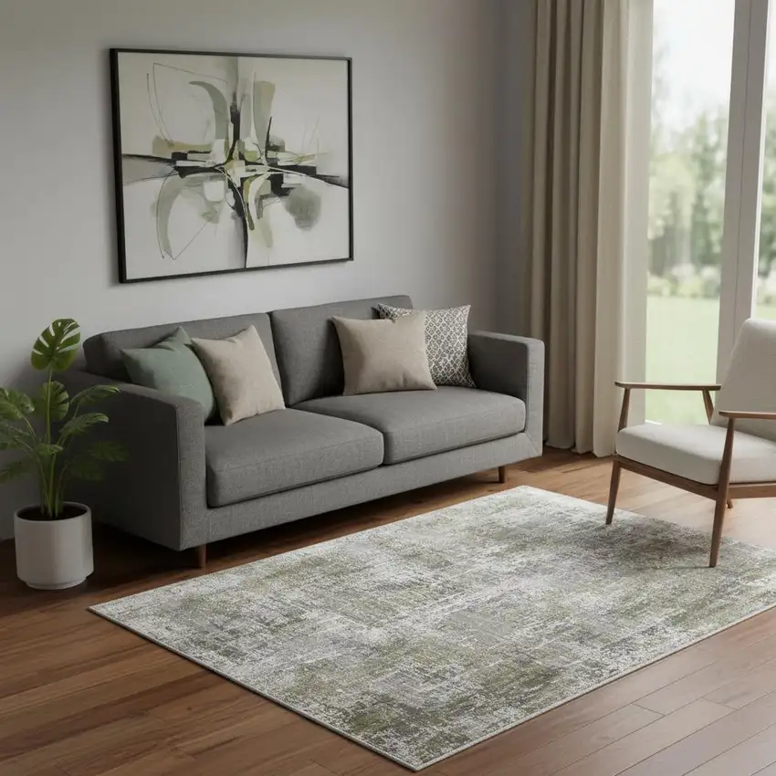 Green Gray And Ivory Abstract Area Rug With Fringe Photo 1