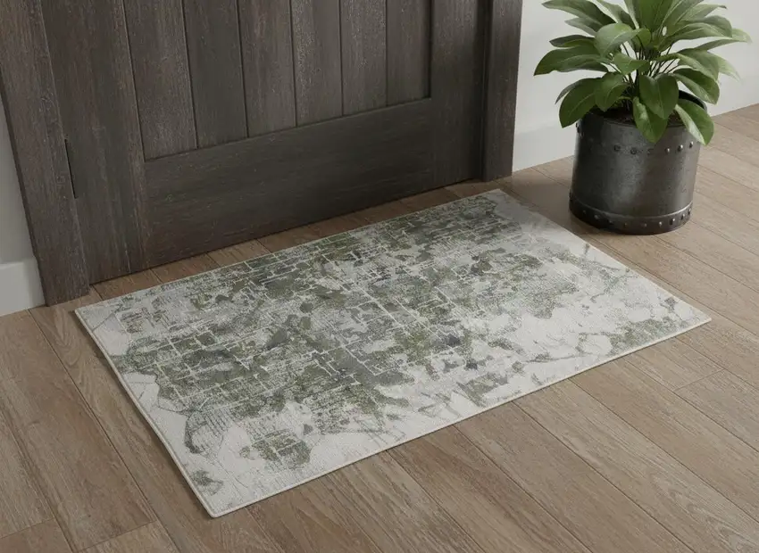 Green Gray And Ivory Abstract Distressed Stain Resistant Area Rug Photo 1