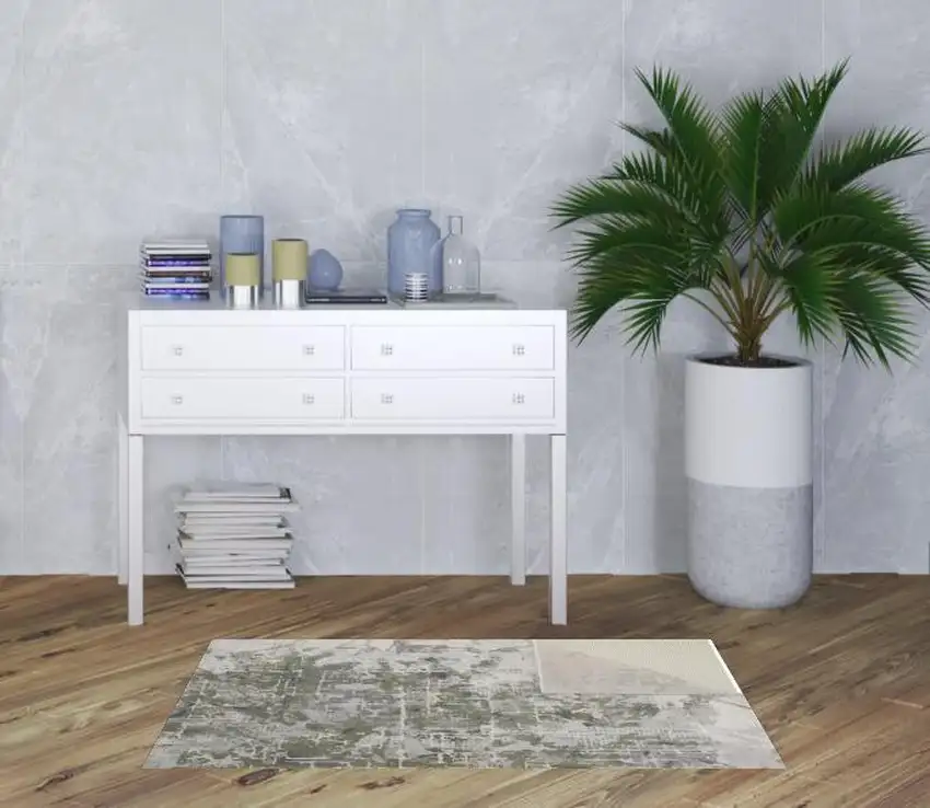 Green Gray And Ivory Abstract Distressed Stain Resistant Area Rug Photo 2