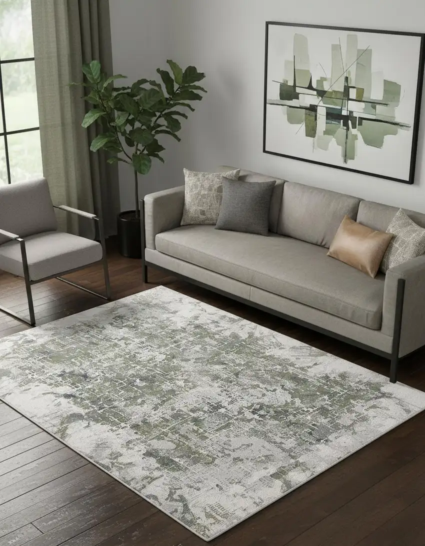 Green Gray And Ivory Abstract Distressed Stain Resistant Area Rug Photo 1
