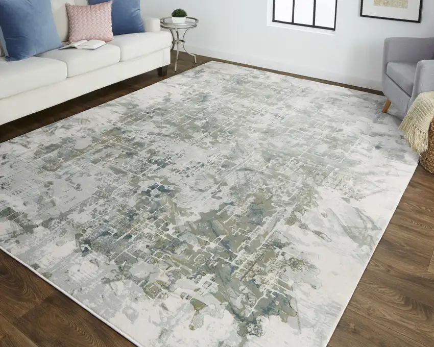 Green Gray And Ivory Abstract Distressed Stain Resistant Area Rug Photo 7