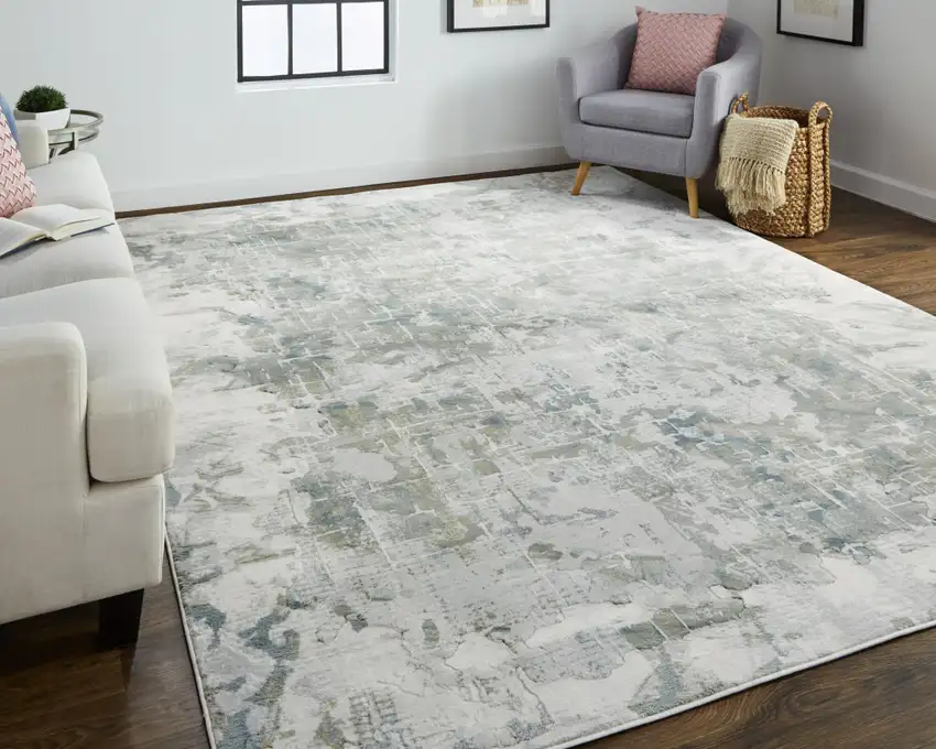 Green Gray And Ivory Abstract Distressed Stain Resistant Area Rug Photo 6