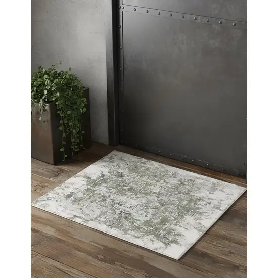Green Gray And Ivory Abstract Distressed Stain Resistant Area Rug Photo 1