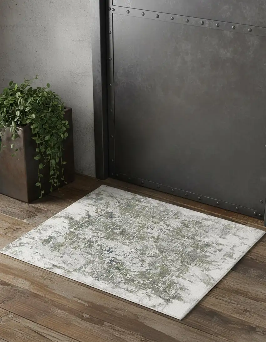Green Gray And Ivory Abstract Distressed Stain Resistant Area Rug Photo 1