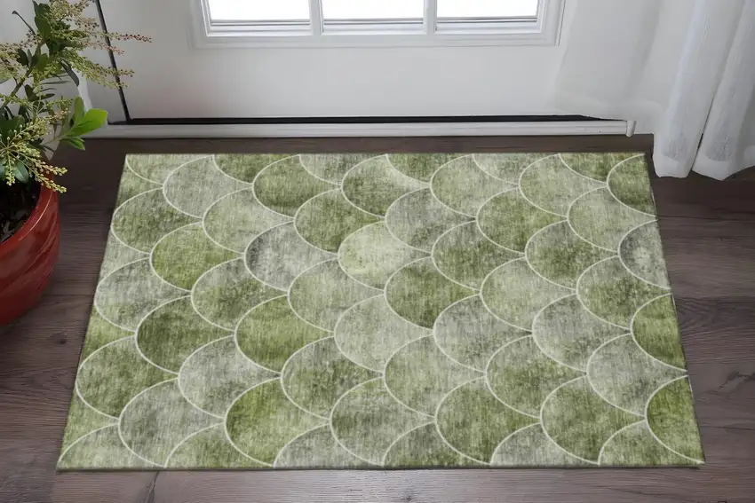 Green Gray And Ivory Abstract Geometric Washable Area Rug With UV Protection Photo 2