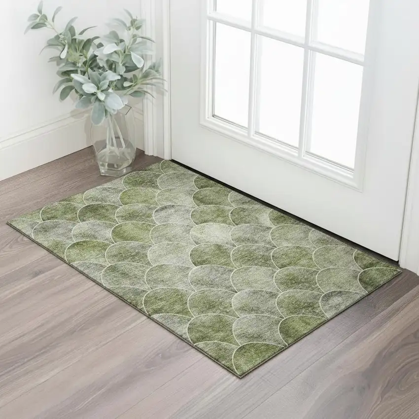 Green Gray And Ivory Abstract Geometric Washable Area Rug With UV Protection Photo 1