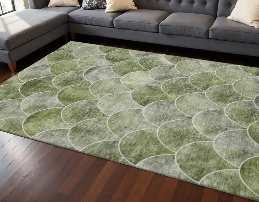 Green Gray And Ivory Abstract Geometric Washable Area Rug With UV Protection Photo 2