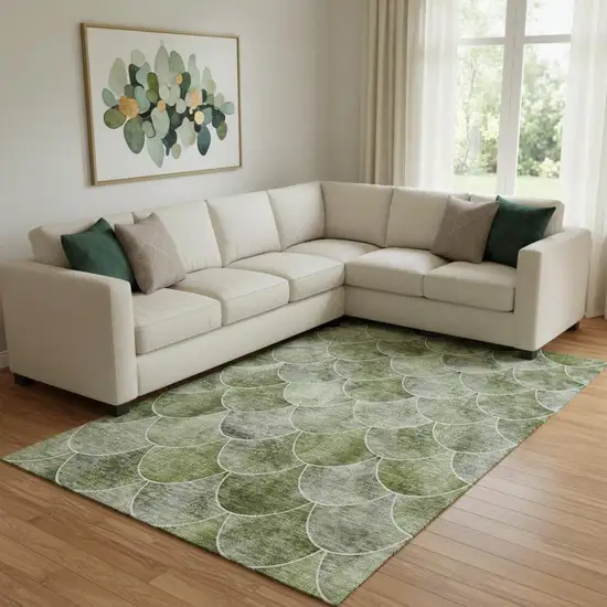 Green Gray And Ivory Abstract Geometric Washable Area Rug With UV Protection Photo 1