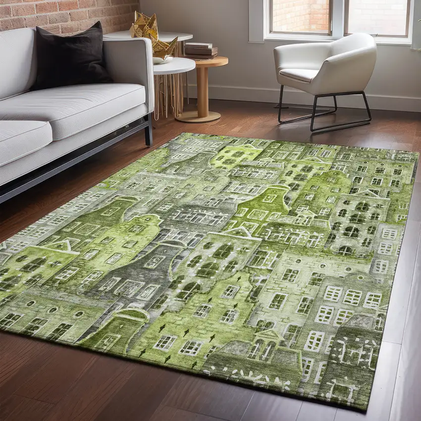 Green Gray And Ivory Abstract Geometric Washable Area Rug With UV Protection Photo 4