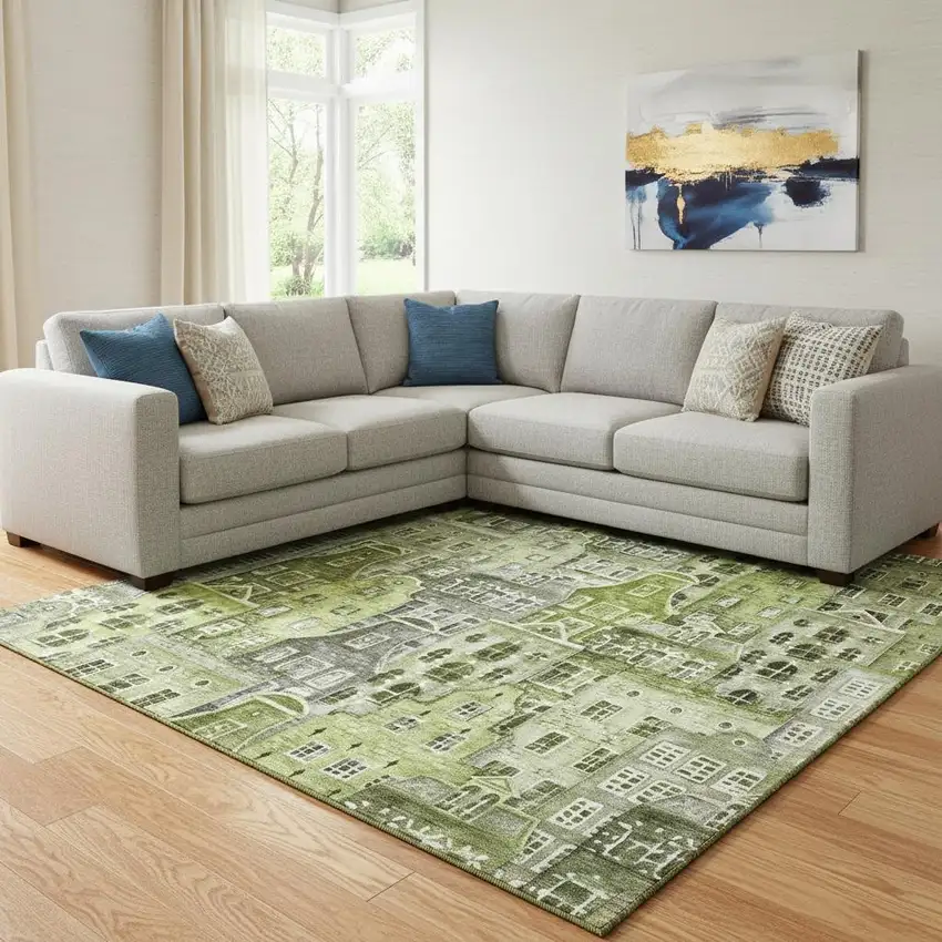 Green Gray And Ivory Abstract Geometric Washable Area Rug With UV Protection Photo 1