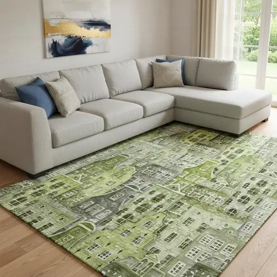 Green Gray And Ivory Abstract Geometric Washable Area Rug With UV Protection Photo 1