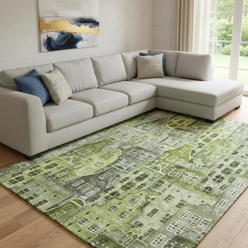 Green Gray And Ivory Abstract Geometric Washable Area Rug With UV Protection Photo 1