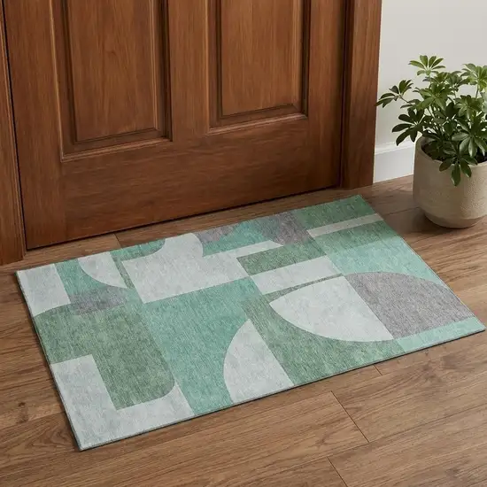 Green Gray And Ivory Abstract Geometric Washable Area Rug With UV Protection Photo 1