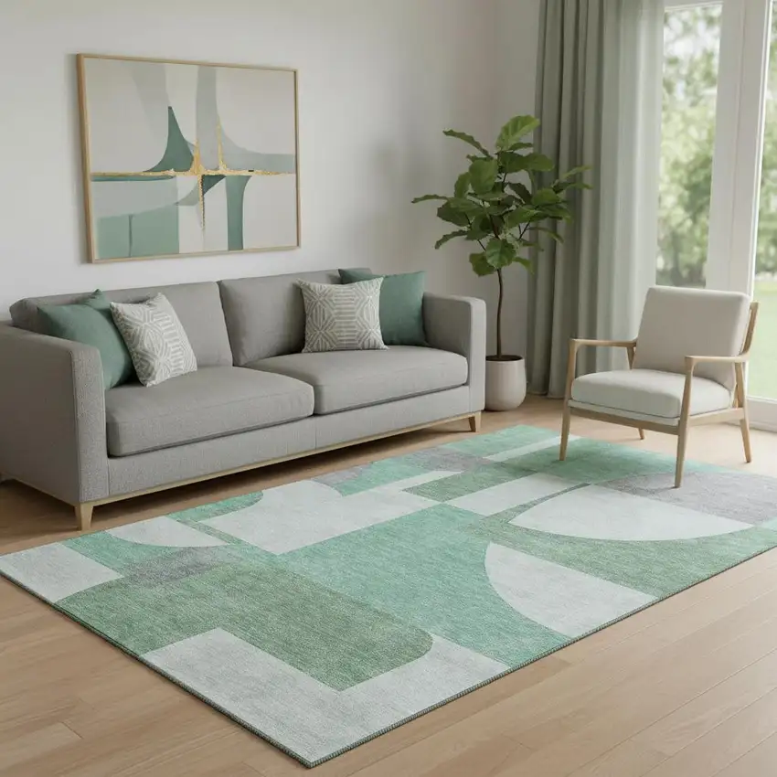 Green Gray And Ivory Abstract Geometric Washable Area Rug With UV Protection Photo 2