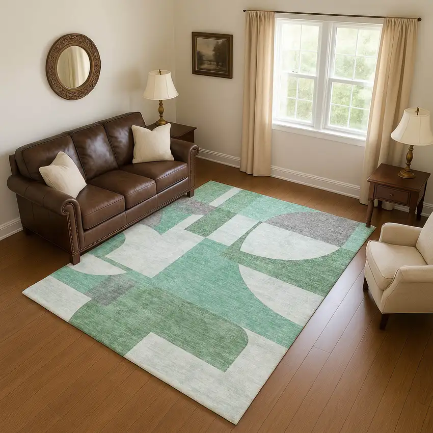 Green Gray And Ivory Abstract Geometric Washable Area Rug With UV Protection Photo 4