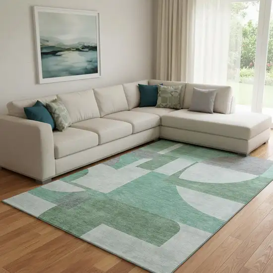 Green Gray And Ivory Abstract Geometric Washable Area Rug With UV Protection Photo 2