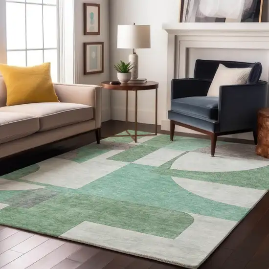 Green Gray And Ivory Abstract Geometric Washable Area Rug With UV Protection Photo 5